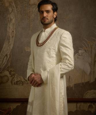 White embroidered silk sherwani 4