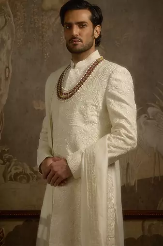 White embroidered silk sherwani