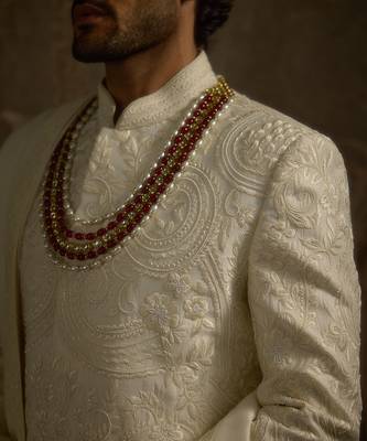 White embroidered silk sherwani 5