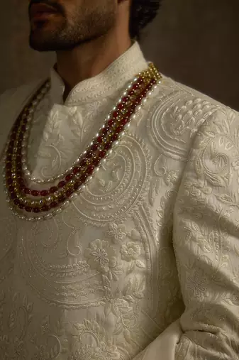 White embroidered silk sherwani