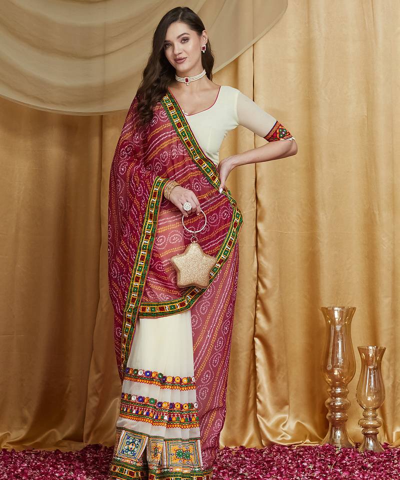 pink Kutchi Embroidery Georgette Saree With Blouse