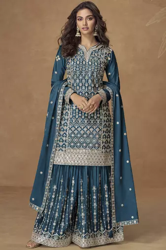 Aqua blue chinon silk embroidered sharara suit