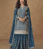 Aqua blue chinon silk embroidered sharara suit