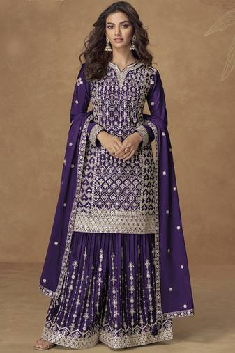 Purple chinon silk embroidered sharara suit