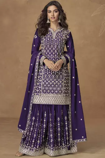 Purple chinon silk embroidered sharara suit