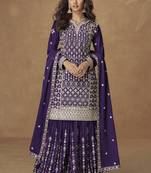 Purple chinon silk embroidered sharara suit