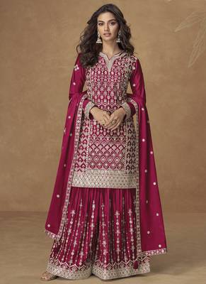 Rani pink chinon silk embroidered sharara suit 1