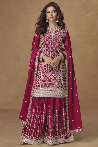 Rani pink chinon silk embroidered sharara suit