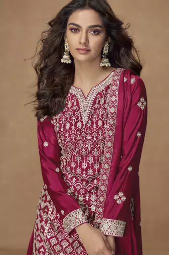 Rani pink chinon silk embroidered sharara suit
