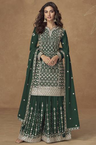 Green chinon silk embroidered sharara suit
