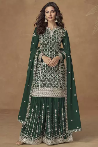 Green chinon silk embroidered sharara suit