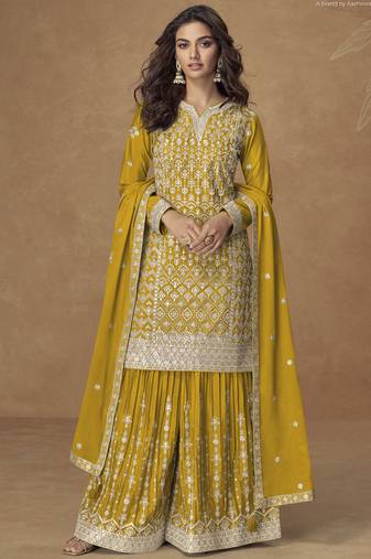 Yellow chinon silk embroidered sharara suit