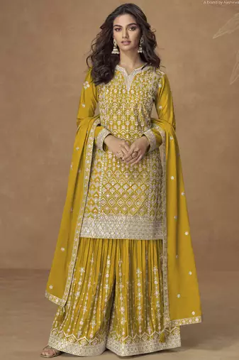 Yellow chinon silk embroidered sharara suit