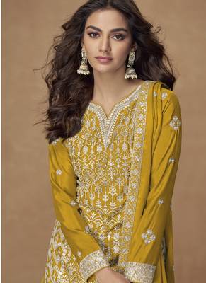 Yellow chinon silk embroidered sharara suit 2