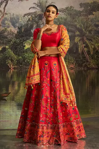 Elegant Red Silk Semi-Stitched Lehenga with Organza Dupatta.