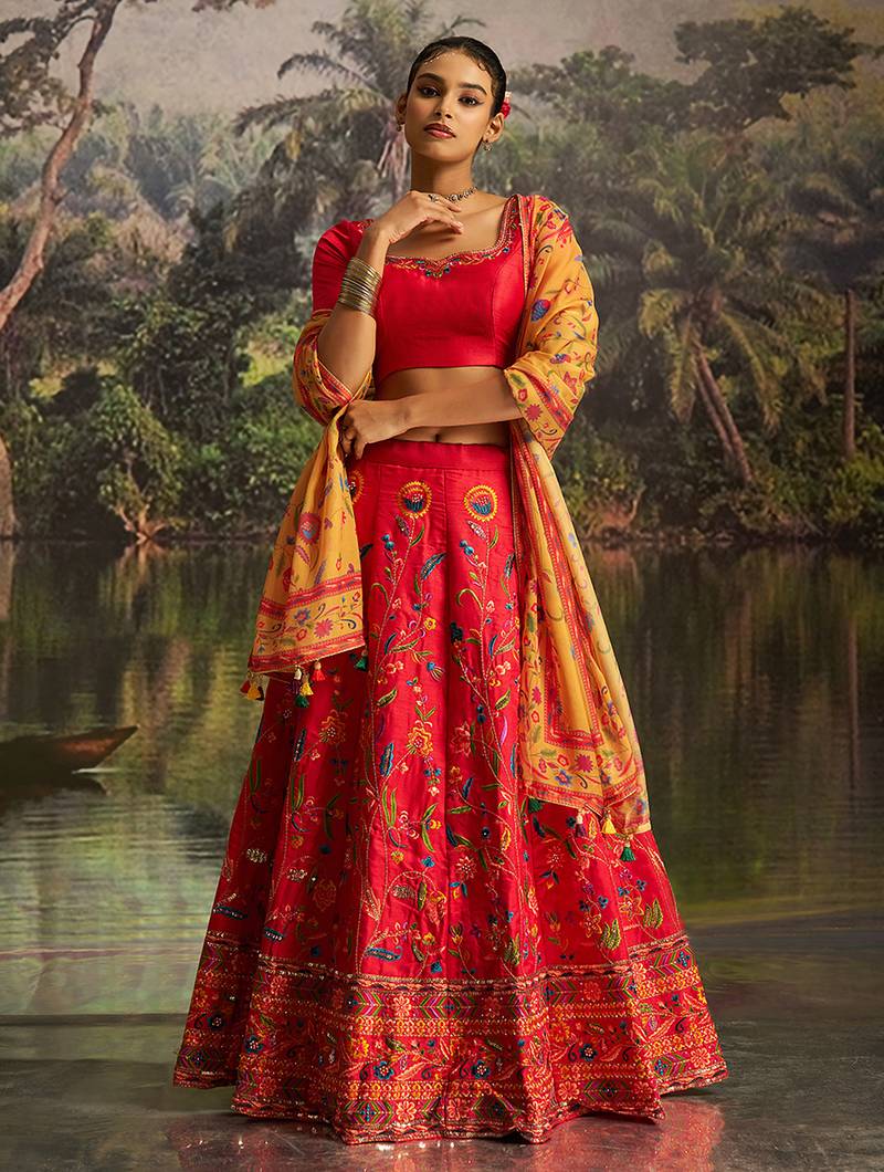 Elegant Red Silk Semi-Stitched Lehenga with Organza Dupatta.