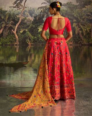 Elegant Red Silk Semi-Stitched Lehenga with Organza Dupatta. 2