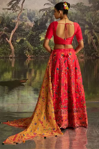 Elegant Red Silk Semi-Stitched Lehenga with Organza Dupatta.