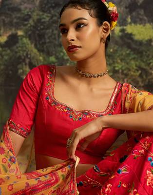Elegant Red Silk Semi-Stitched Lehenga with Organza Dupatta. 4