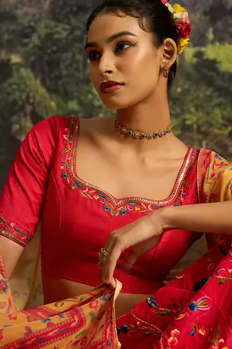 Elegant Red Silk Semi-Stitched Lehenga with Organza Dupatta.