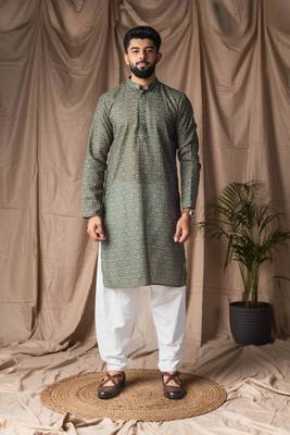 Mehandi green color blended linen weaved kurta for festive 1
