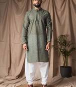 Mehandi green color blended linen weaved kurta for festive