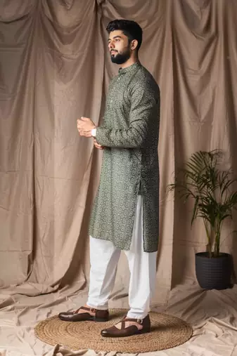 Mehandi green color blended linen weaved kurta for festive