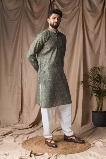 Mehandi green color blended linen weaved kurta for festive