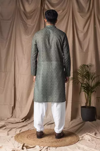 Mehandi green color blended linen weaved kurta for festive