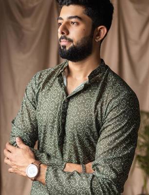 Mehandi green color blended linen weaved kurta for festive 5