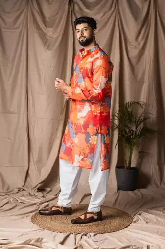 Orange color blended linen weaved kurta for festive
