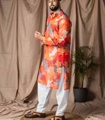 Orange color blended linen weaved kurta for festive