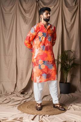 Orange color blended linen weaved kurta for festive 2