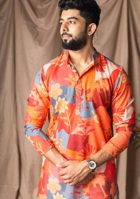 Orange color blended linen weaved kurta for festive 5