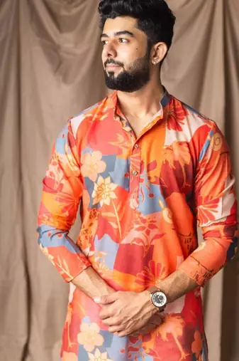 Orange color blended linen weaved kurta for festive