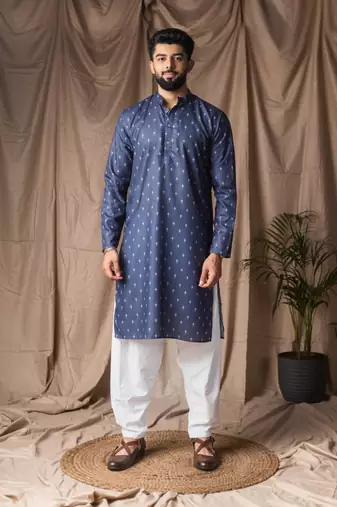 blue color blended linen weaved kurta