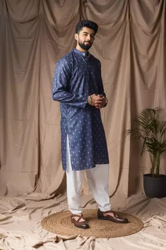 blue color blended linen weaved kurta