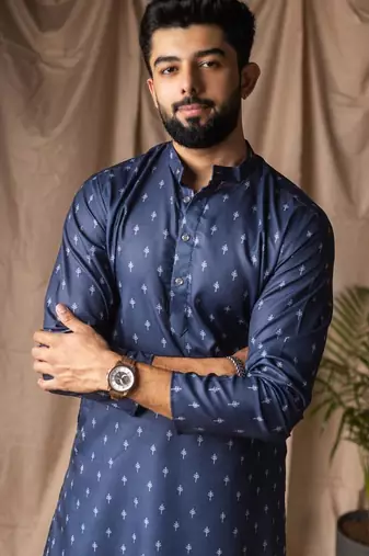 blue color blended linen weaved kurta