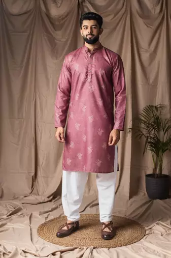Mauve color blended linen weaved kurta for festive