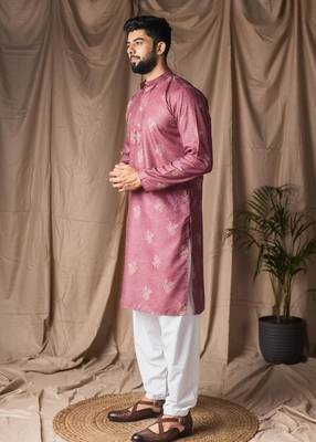 Mauve color blended linen weaved kurta for festive 2
