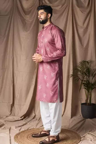 Mauve color blended linen weaved kurta for festive