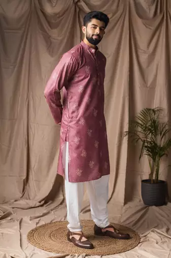 Mauve color blended linen weaved kurta for festive