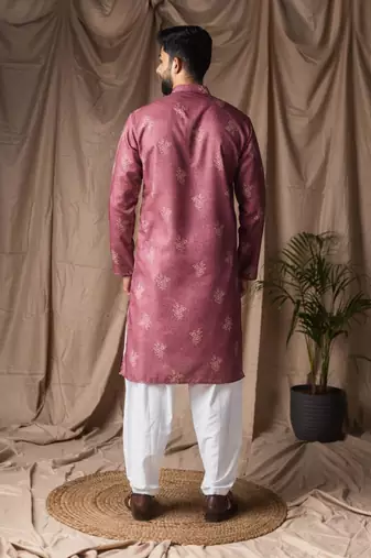 Mauve color blended linen weaved kurta for festive