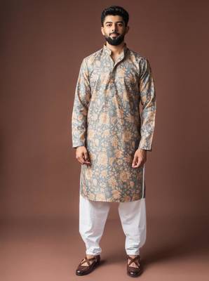 Grey color blended linen weaved kurta for festive 1