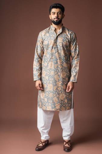 Grey color blended linen weaved kurta for festive