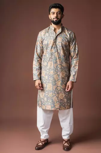 Grey color blended linen weaved kurta for festive