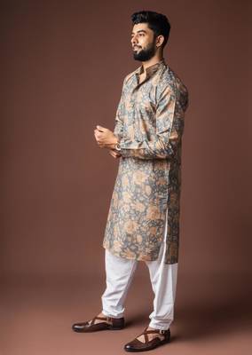 Grey color blended linen weaved kurta for festive 2