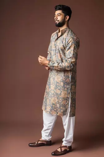 Grey color blended linen weaved kurta for festive