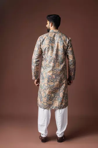 Grey color blended linen weaved kurta for festive
