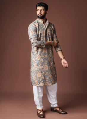 Grey color blended linen weaved kurta for festive 4
